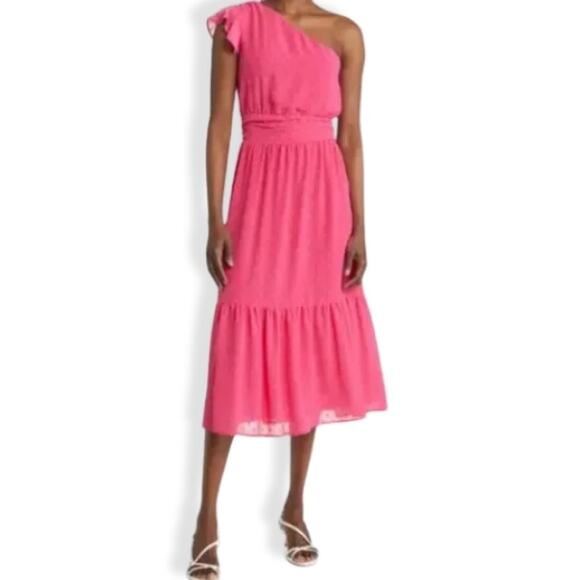 Chelsea28 Midi Dress Swiss Dot Pattern One Shoulder Zip Closure Pink W XXS NWOT - Picture 1 of 9